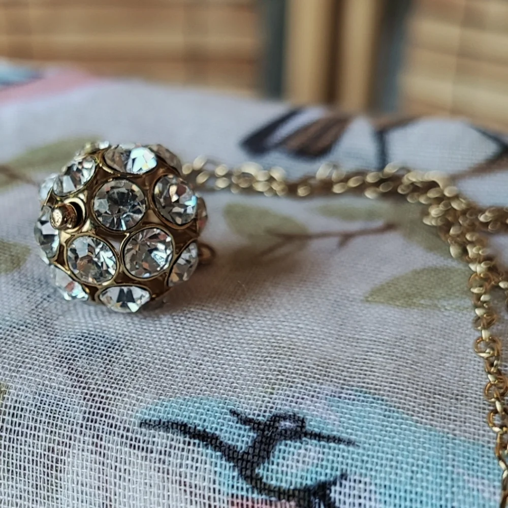J Crew Single Round Disco Ball Style Rhinestone Pendant Necklace Clear Bezel Set